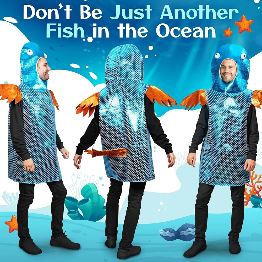 Aquarium Fish In - Glänzendes blaues Fischkostüm mit metallischem Fischschuppen-Print,